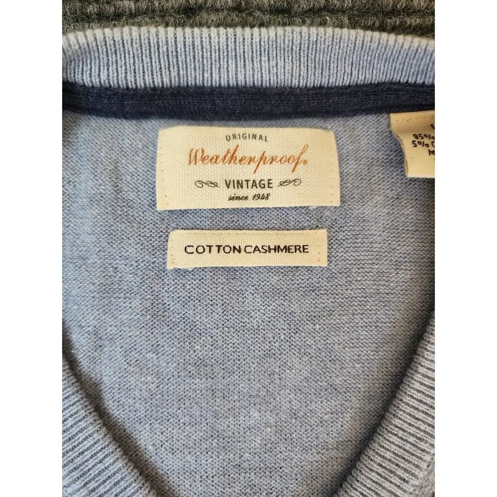 Vintage Weatherproof Cotton Cashmere V-Neck Sweater Men's Size Large Blue